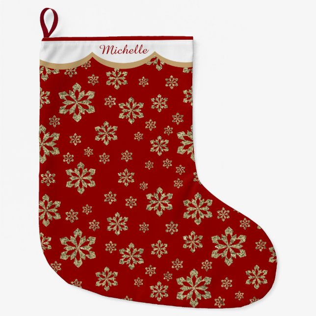 Gold Snowflake Personalised Large Christmas Stocking (Front)