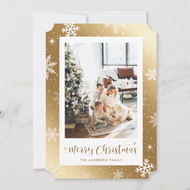 Gold Snowflake Photo Merry Christmas Card (Front)