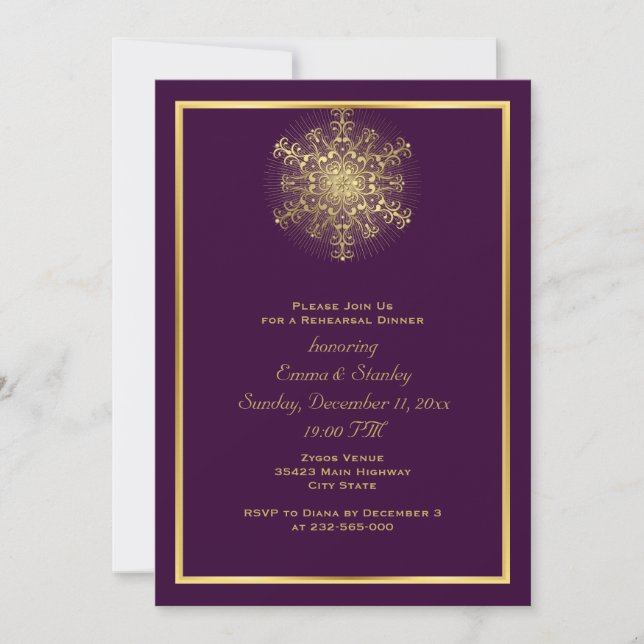 Gold snowflake purple wedding rehearsal dinner invitation (Front)