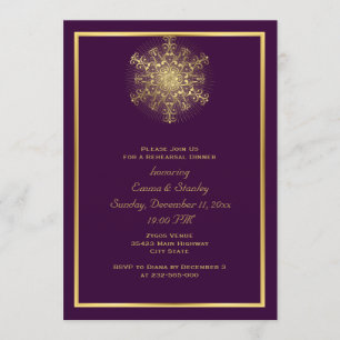 Gold snowflake purple wedding rehearsal dinner invitation