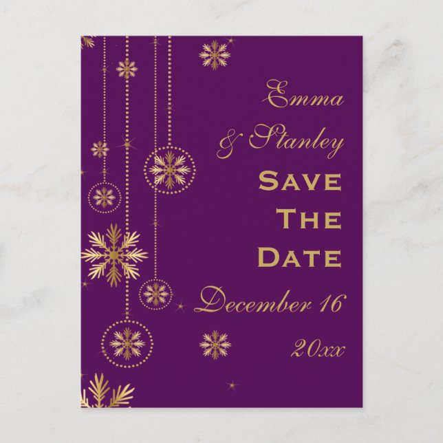 Gold snowflake purple winter wedding Save the Date Announcement Postcard (Front)