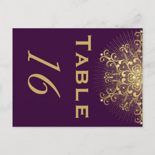 Gold snowflake, purple winter wedding table number postcard