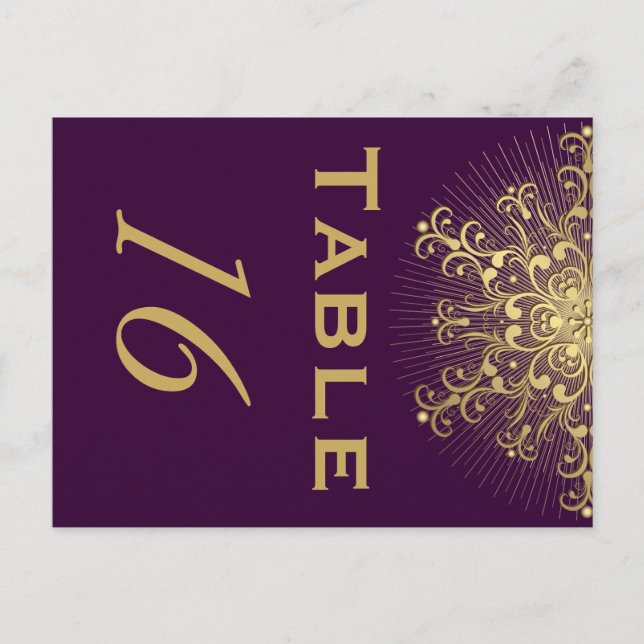 Gold snowflake, purple winter wedding table number postcard (Front)