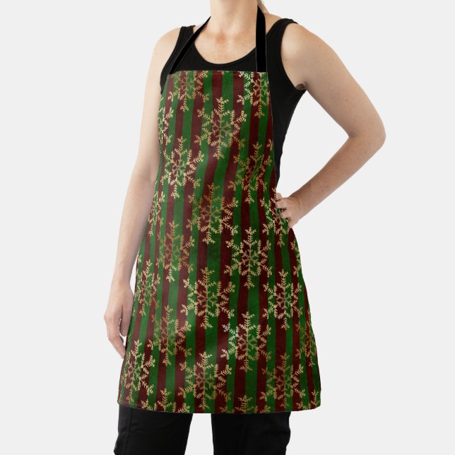 Gold Snowflake Red Green Stripe Christmas Apron (Insitu)