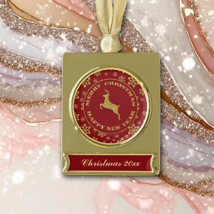 Gold Snowflake Reindeer Keepsake Christmas Plated Banner Ornament