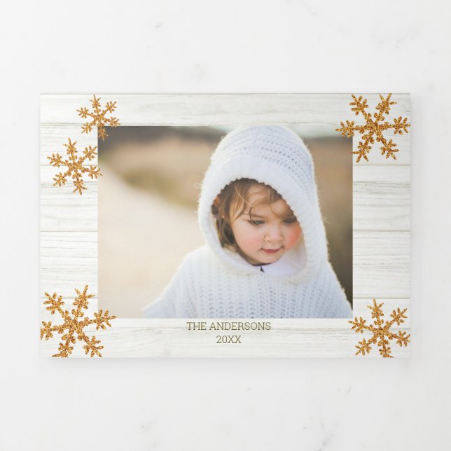 Gold Snowflake Rustic Christmas 5 Photo Tri-Fold Holiday Card (Cover)