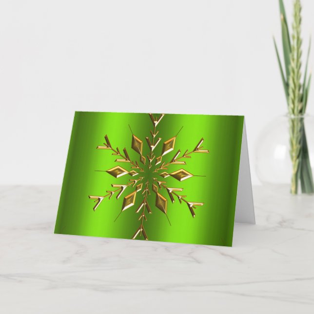 Gold Snowflake Star Green Christmas Card (Front)