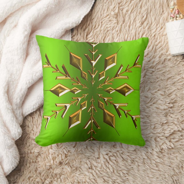 Gold Snowflake Star on Green Christmas Cushion (Blanket)