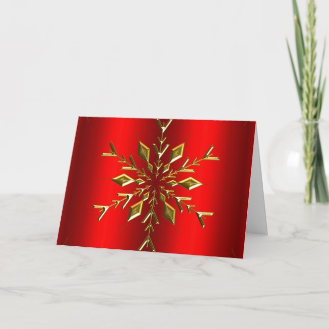 Gold Snowflake Star Red Christmas Card (Front)