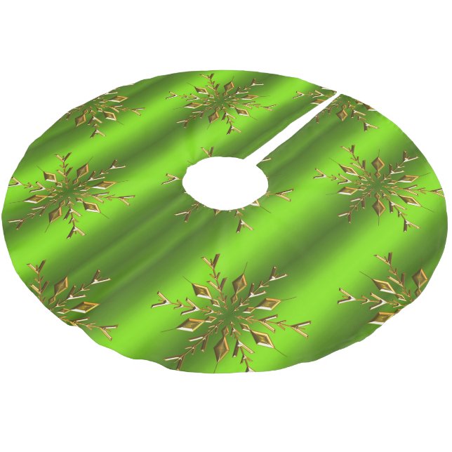 Gold Snowflake Stars on Green Christmas Brushed Polyester Tree Skirt (Angled)