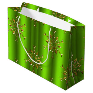 Gold Snowflake Stars on Green Christmas Large Gift Bag
