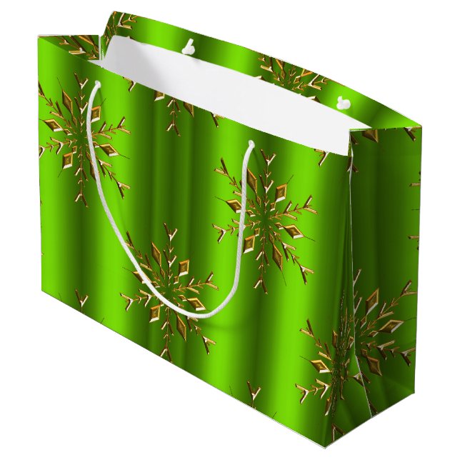 Gold Snowflake Stars on Green Christmas Large Gift Bag (Back Angled)