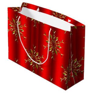Gold Snowflake Stars on Red Christmas Large Gift Bag