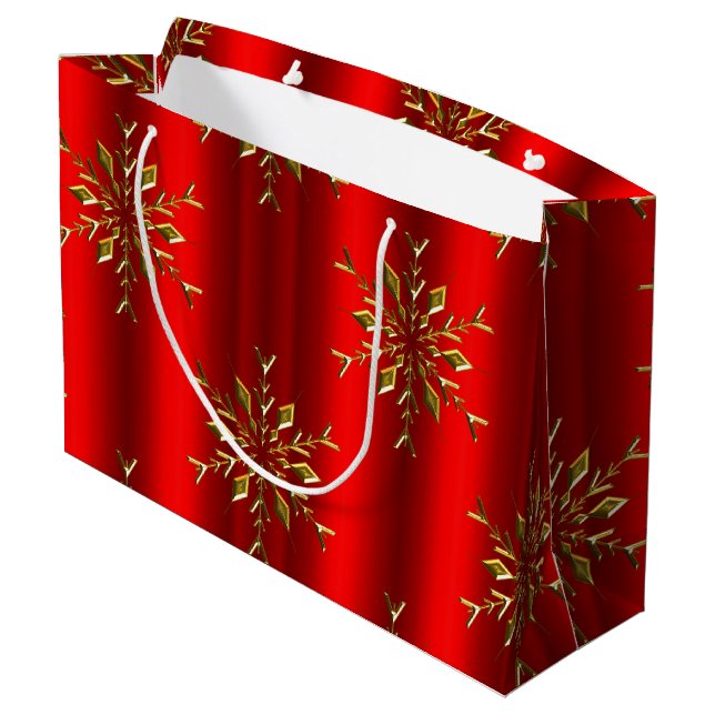 Gold Snowflake Stars on Red Christmas Large Gift Bag (Back Angled)