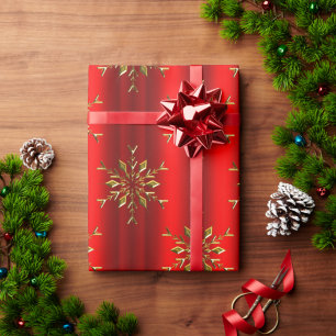 Gold Snowflake Stars on Red Christmas Wrapping Paper
