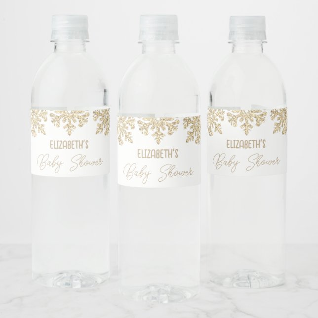 Gold Snowflake Winter Baby Shower Water Bottle Label (Bottles)