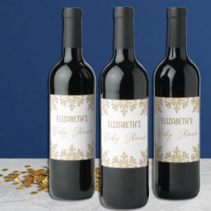 Gold Snowflake Winter Baby Shower Wine Label