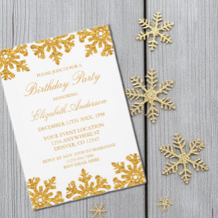 Gold Snowflake Winter Birthday Party Invitation