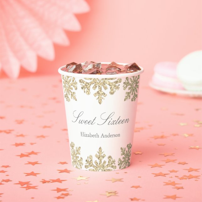 Gold Snowflake Winter Sweet 16 Paper Cups (Insitu)