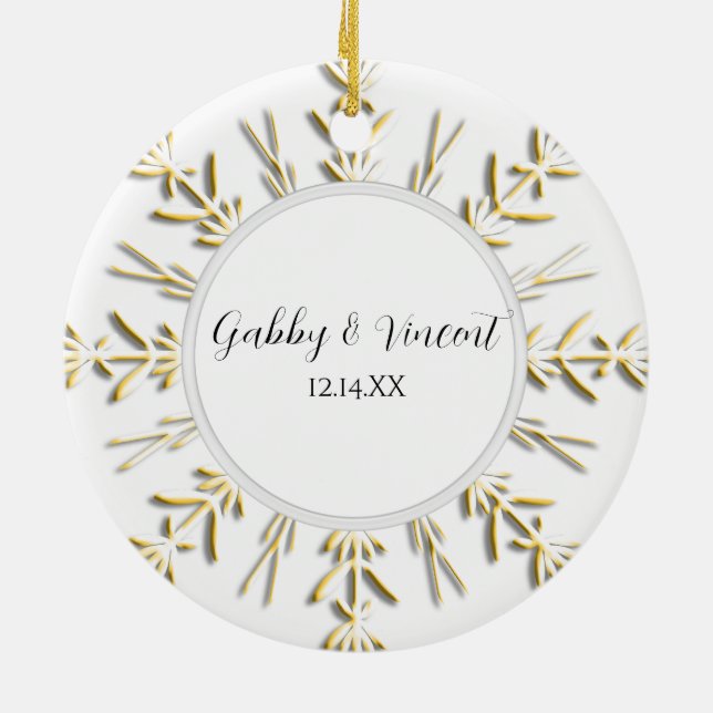 Gold Snowflake Winter Wedding Photo Ceramic Tree Decoration (Back)