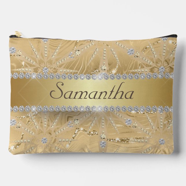 Gold Snowflake With Sparkle Diamond Custom Name Accessory Pouch (Front)