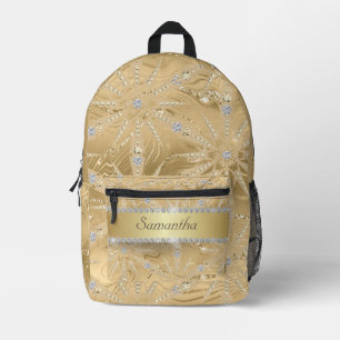 Gold Snowflake With Sparkle Diamond Custom Name Printed Backpack