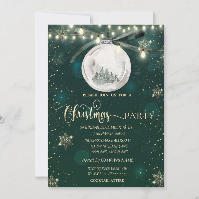  Gold Snowflakes,Ball,Pine Tree Lights Christmas  Invitation (Front)