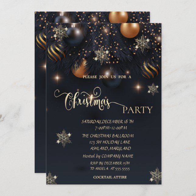  Gold Snowflakes,Balls Christmas  Invitation (Front/Back)