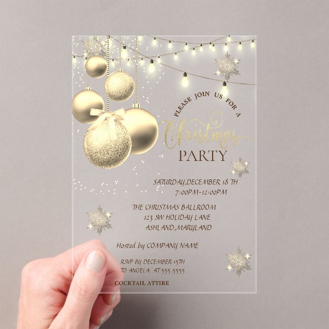 Gold Snowflakes,Balls Company Christmas Party Acrylic Invitations (Insitu (Handheld))