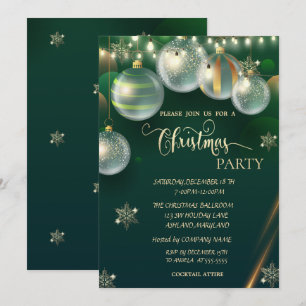  Gold Snowflakes,Balls Green Christmas  Invitation