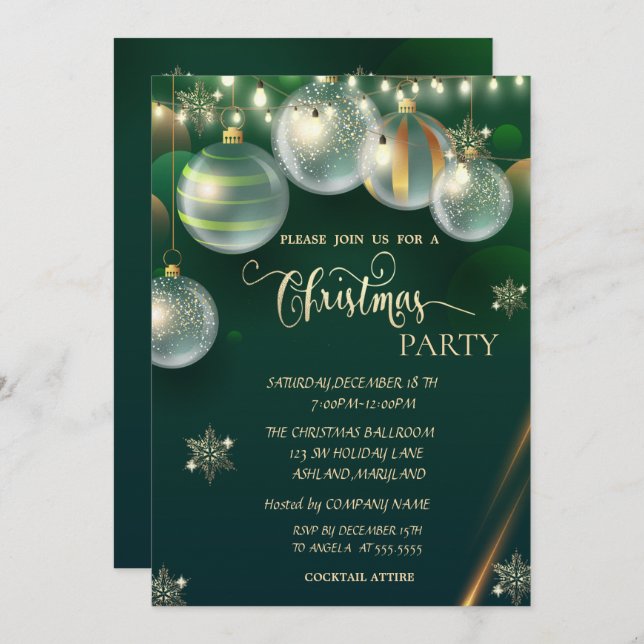  Gold Snowflakes,Balls Green Christmas  Invitation (Front/Back)