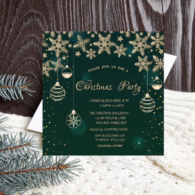 Gold Snowflakes,Balls Green Corporate Christmas  Invitation (Creator Uploaded)