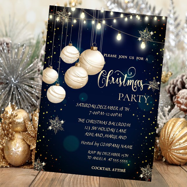 Gold Snowflakes,Balls,Lights Blue Christmas  Invitation (Creator Uploaded)