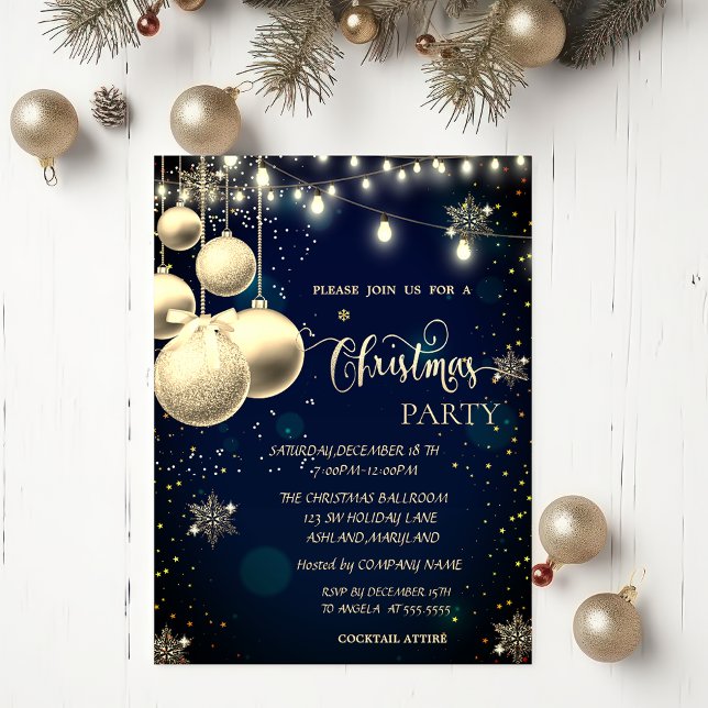  Gold Snowflakes,Balls,Lights Blue Christmas  Invitation (Creator Uploaded)