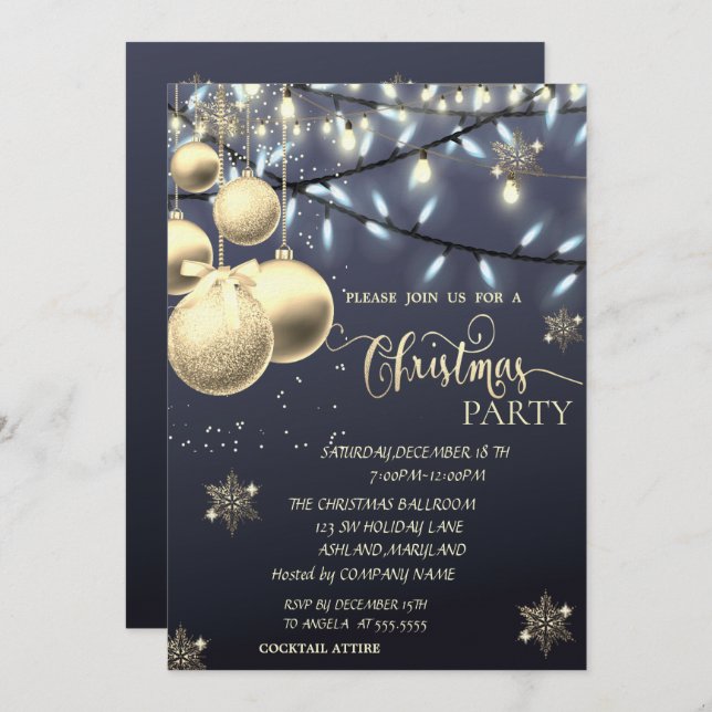 Gold Snowflakes,Balls,Lights Blue Christmas Party Invitation (Front/Back)