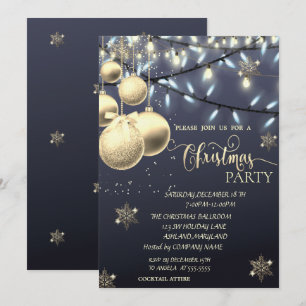 Gold Snowflakes,Balls,Lights Blue Christmas Party Invitation