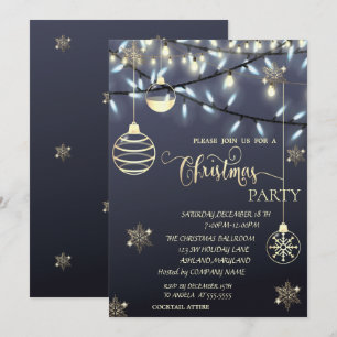 Gold Snowflakes,Balls,Lights Christmas Party  Invitation