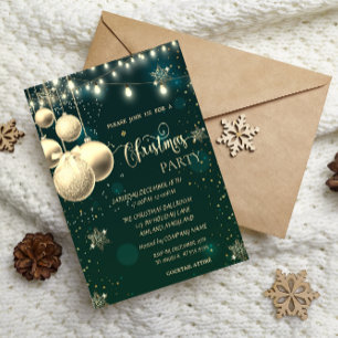 Gold Snowflakes,Balls,Lights Green Christmas  Invitation
