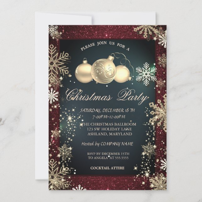 Gold Snowflakes,Balls Red Glitter Company Party Invitation (Front)