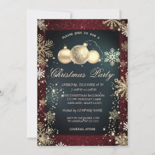 Gold Snowflakes,Balls Red Glitter Company Party Invitation