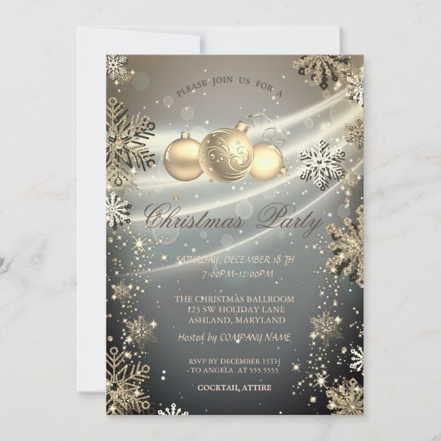 Gold Snowflakes Balls Shiny Company Party I Invitation (Front)
