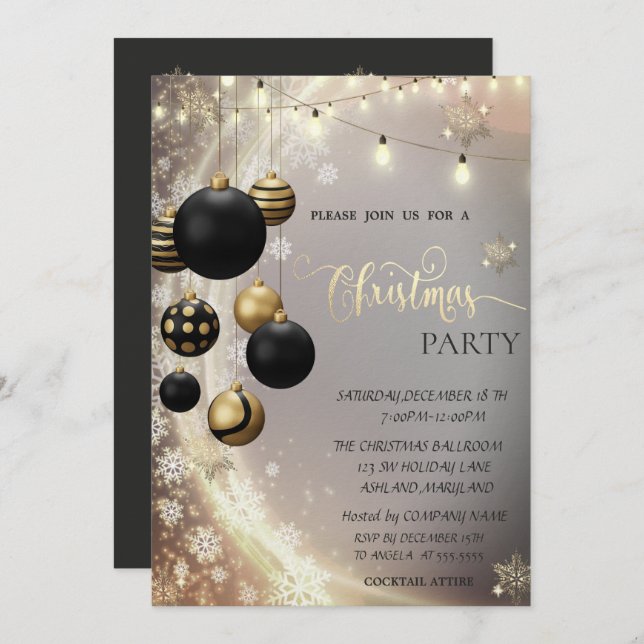 Gold Snowflakes,Black Balls,Lights Christmas  Invitation (Front/Back)