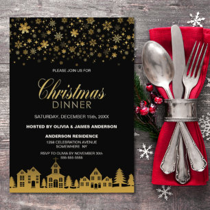 Gold Snowflakes Black Christmas Dinner Invitation