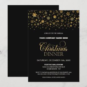 Gold Snowflakes Black Corporate Christmas Dinner Invitation