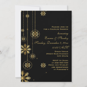 Gold snowflakes black wedding couples shower invitation