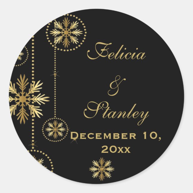 Gold snowflakes black winter wedding Save the Date Classic Round Sticker (Front)