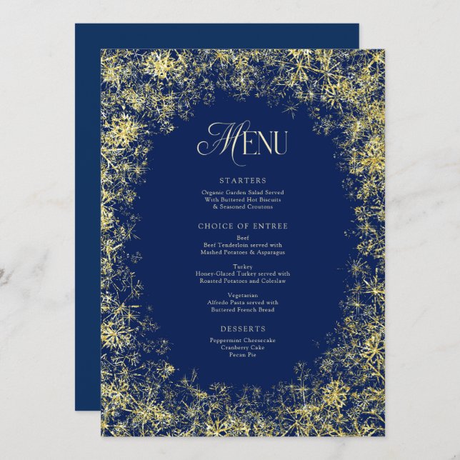 Gold Snowflakes Blue Christmas Holiday Dinner Menu (Front/Back)