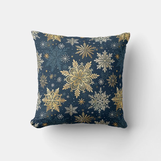 Gold Snowflakes Blue Winter Christmas  Cushion (Front)