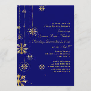 Gold snowflakes blue winter wedding bridal shower invitation