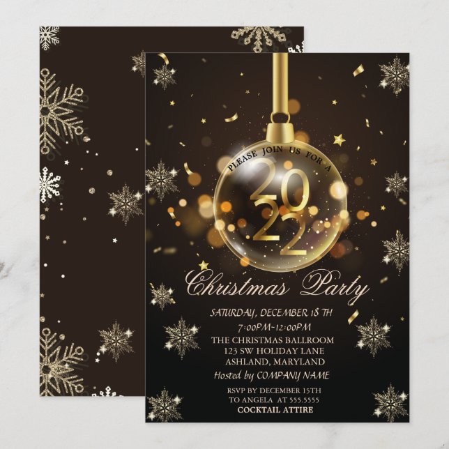 Gold Snowflakes, Christmas Ball 2022 Company  Invitation (Front/Back)